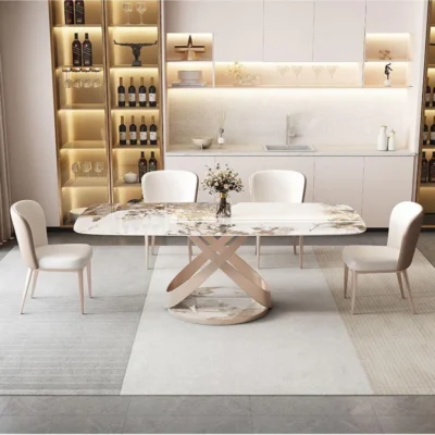 Beige Marble Dining Table Set – Beige Base with Creamy Upholstered Chairs