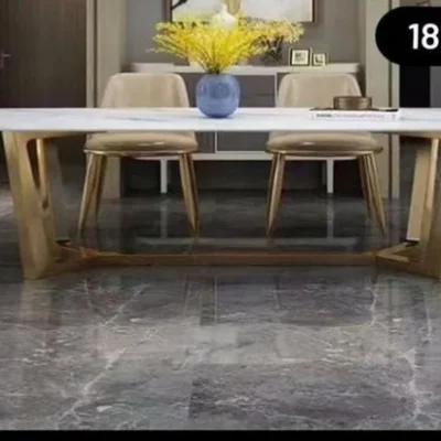 Modern Dining Table Set with Gold Base and Leather Chairs