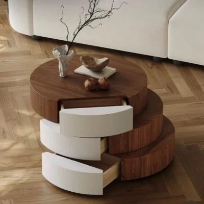 Modern Round Coffee Table 70cm Walnut Wood, White