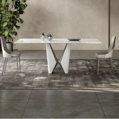 Modern Marble Dining Table Set with 6 Chairs – White Top & V-Leg Base -160CM