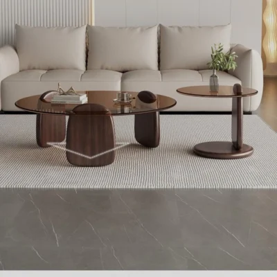 Modern Solid Wood and Tempered Glass Coffee Table Set – 2-Piece Round Table Set with Asymmetrical Design - 90CM and 50CM -Brown