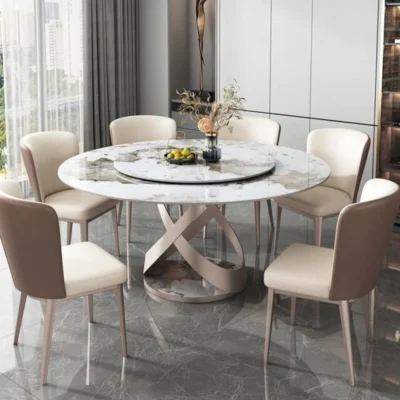 Round Marble Dining Tables with Modern Upholstered Chairs