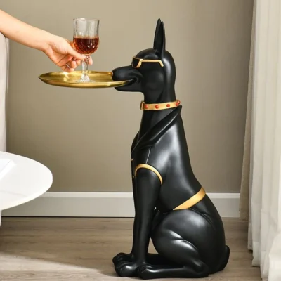 Luxury Dog Statue Key Tray Coffee Table - Decorative Resin Dog Figurine with Sunglasses - Multipurpose Key Holder, Side Table, or Snack Tray - Unique Home Decor for Living Room, Office