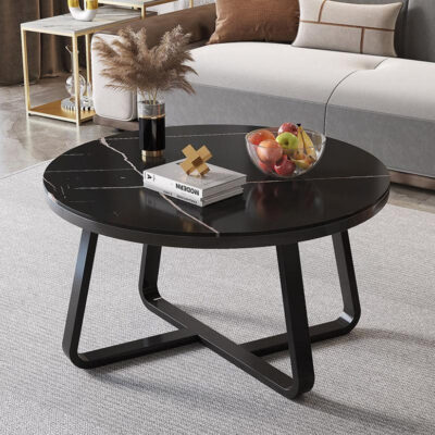 Coffee Table - Round Coffee Table - Imitation Marble - Black .