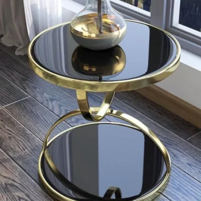 Creative Round Glass - Top Side Table With Stainless Steel Base - Black .