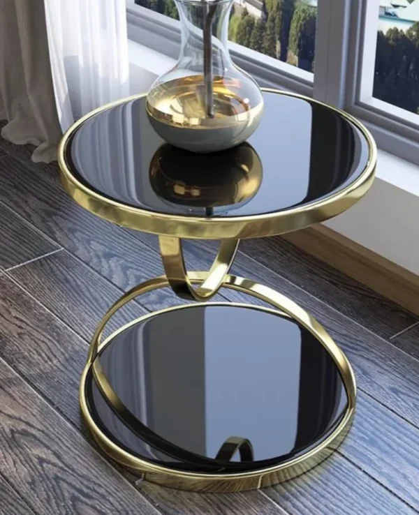 Creative Round Glass - Top Side Table With Stainless Steel Base - Black .