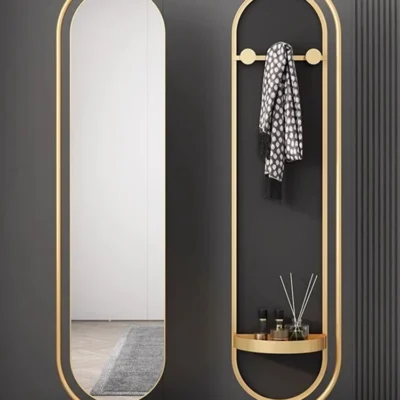 Full Length Oval Rotating Mirror With Coat Rack - Gold Metal Frame Standing - 175*45Cm.