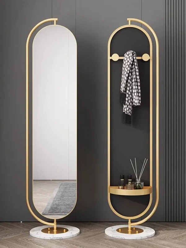 Full Length Oval Rotating Mirror With Coat Rack - Gold Metal Frame Standing - 175*45Cm.