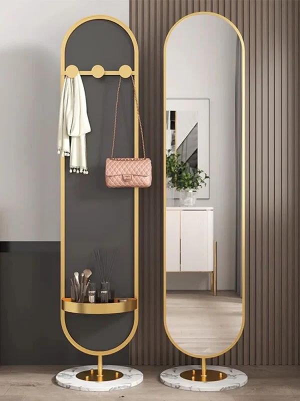Full Length Oval Rotating Mirror With Coat Rack - Gold Metal Frame Standing - 175*45Cm. - Image 2