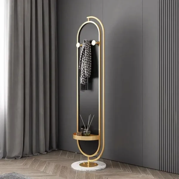 Full Length Oval Rotating Mirror With Coat Rack - Gold Metal Frame Standing - 175*45Cm. - Image 5