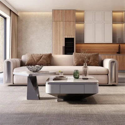 Modern Coffee Table with Marble Finish & Storage - 90CM
