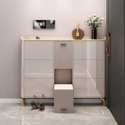 Latest Shoes Cabinet with Built-in Chair - Rock Slab Top - 160*24*126 - Gray