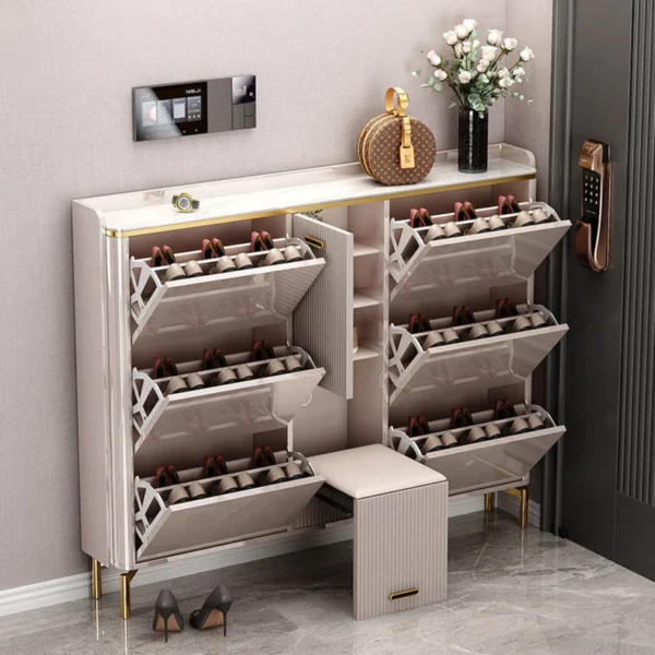 Latest Shoes Cabinet with Built-in Chair - Rock Slab Top - 160*24*126 - Gray - Image 3