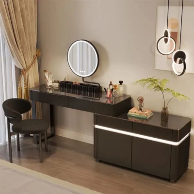 Black Vanity Table with LED Lights – Modern Makeup Desk with Storage