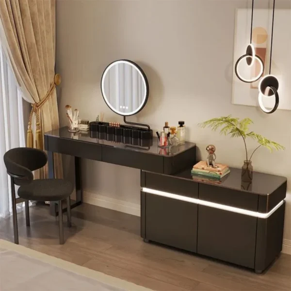 Black Vanity Table with LED Lights – Modern Makeup Desk with Storage