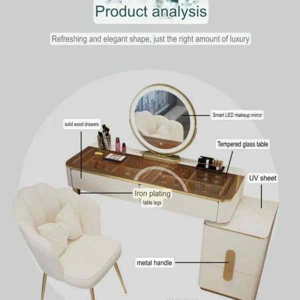 Vanity Table - Dressing Table With LED Mirror and Chair - Glass Top 120cm - Image 3