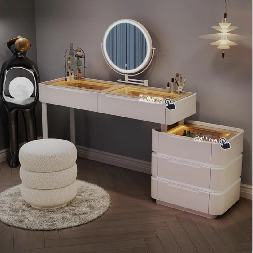 Luxury Vanity Table with LED Round Mirror – White Modern Design-120CM - Image 2