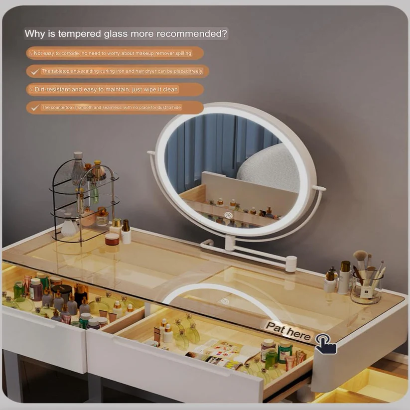 Luxury Vanity Table with LED Round Mirror – White Modern Design-120CM - Image 3