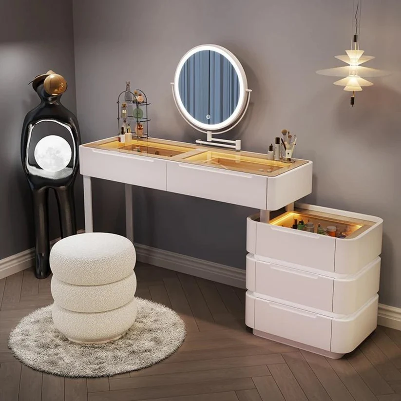 Luxury Vanity Table with LED Round Mirror – White Modern Design-120CM