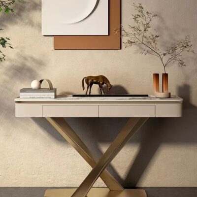 Modern Elegant Console Table – Marble Top with Gold X-Frame Base