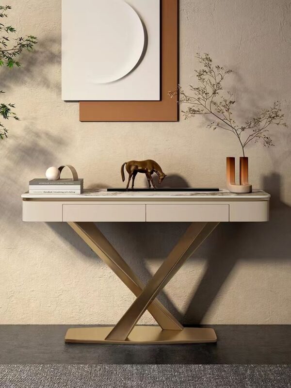 Modern Elegant Console Table – Marble Top with Gold X-Frame Base