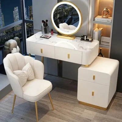 Modern LED Lighted Makeup Vanity Table Set with Chair and Storage Drawers - 3 Tone LED Lighting
