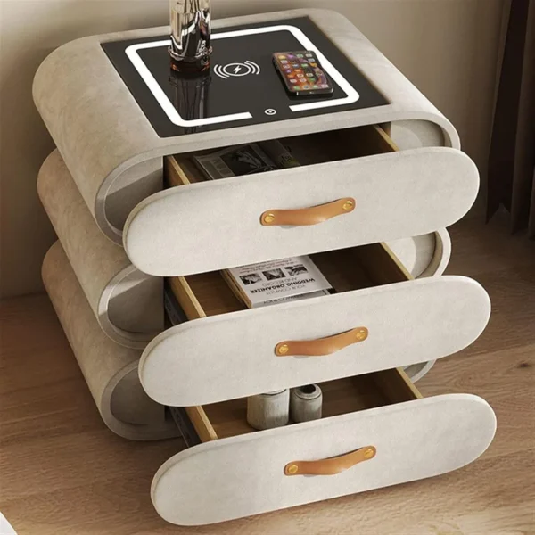 Swivel Nightstand, Smart Bedside Table, 3 Storage Drawers, Wireless Charger, LED Light, Speaker, USB Port - Image 5