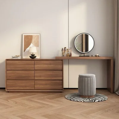 Natural Wood Vanity Desk with Mirror & Storage Stool-220CM