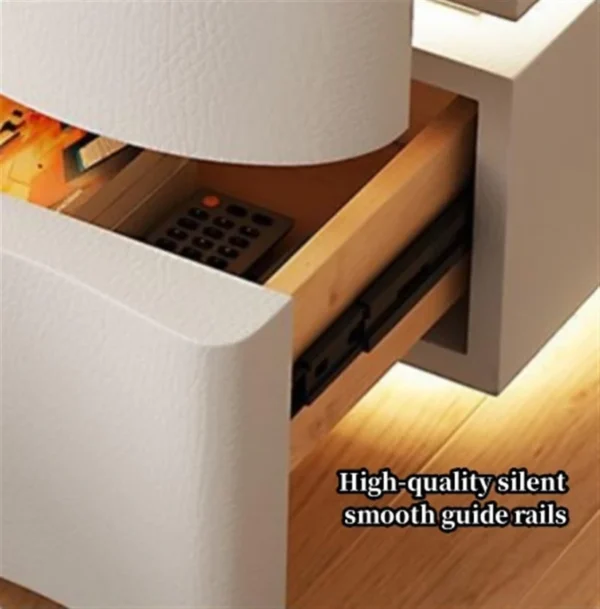 Nightstand - with LED Lights Drawer Storage Leather White 40x40x50cm - Image 3