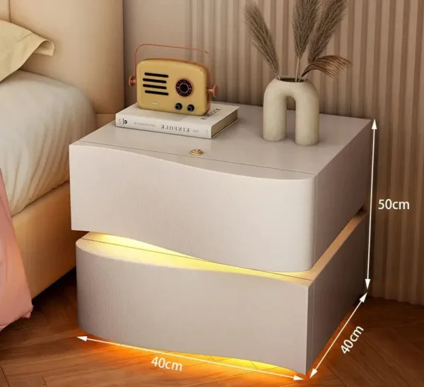 Nightstand - with LED Lights Drawer Storage Leather White 40x40x50cm - Image 4