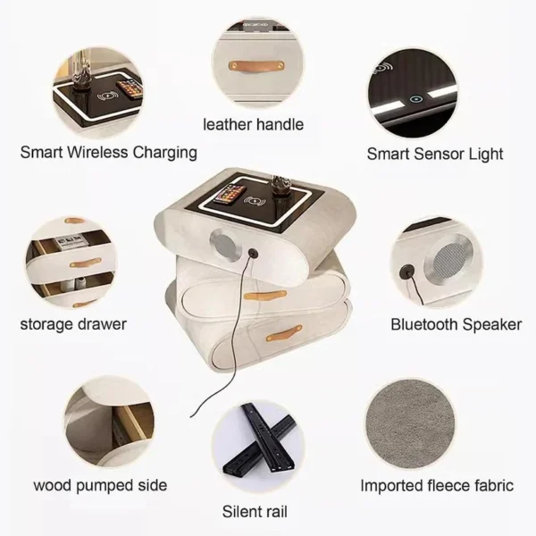Swivel Nightstand, Smart Bedside Table, 3 Storage Drawers, Wireless Charger, LED Light, Speaker, USB Port - Image 2
