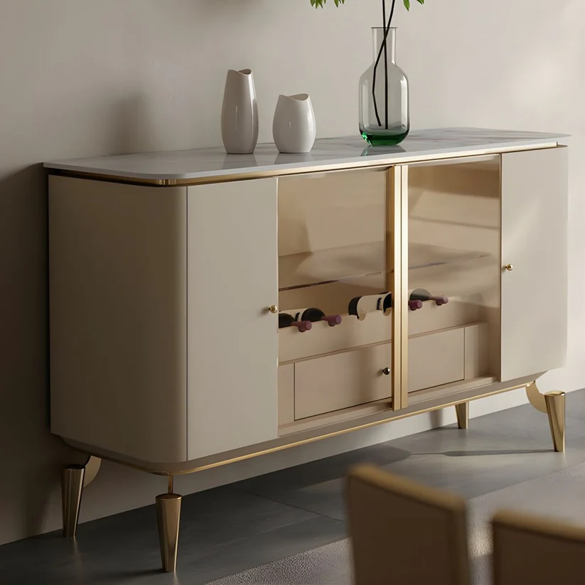 Wooden 4-Door Glam Buffet Cabinet with Stone Countertop and Interior Shelves