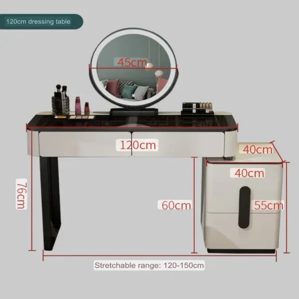 Vanity Table - Dressing Table With LED Mirror and Chair - Glass Top 120cm - Image 2
