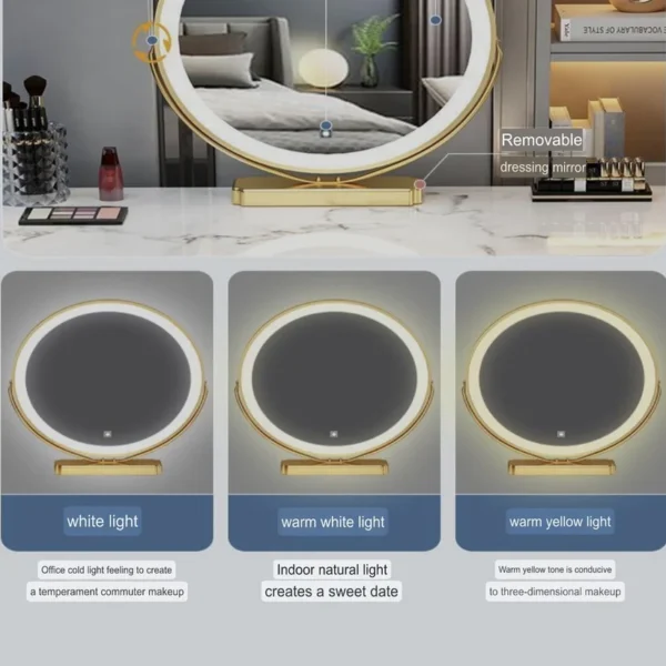 Modern LED Lighted Makeup Vanity Table Set with Chair and Storage Drawers - 3 Tone LED Lighting - Image 3
