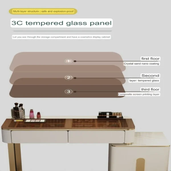 Vanity Table - Dressing Table With LED Mirror and Chair - Glass Top 120cm - Image 6