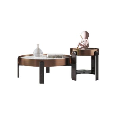Modern Coffee Table Set- Marble Top + Bronze Color Stainless &Grey Color Legs