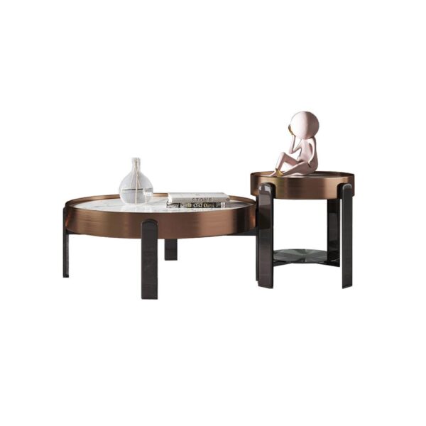 Modern Coffee Table Set- Marble Top + Bronze Color Stainless &Grey Color Legs