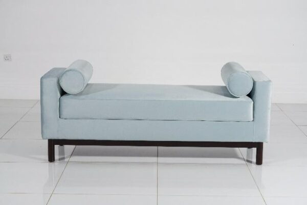 Modern Upholstered Indigo Bench with Bolster Cushions