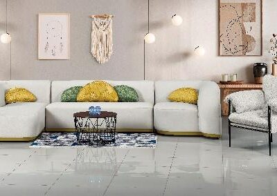 White Fabric Sofa Set with Rounded Corners and Contrast Cushions