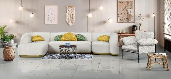White Fabric Sofa Set with Rounded Corners and Contrast Cushions