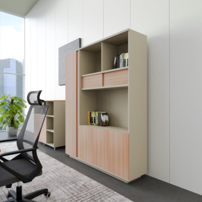 Executive Manager Beige & Brown  Office Cabinet, Finish with Open & Sliding Door Cupboards