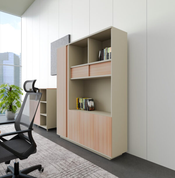 Executive Manager Beige & Brown  Office Cabinet, Finish with Open & Sliding Door Cupboards
