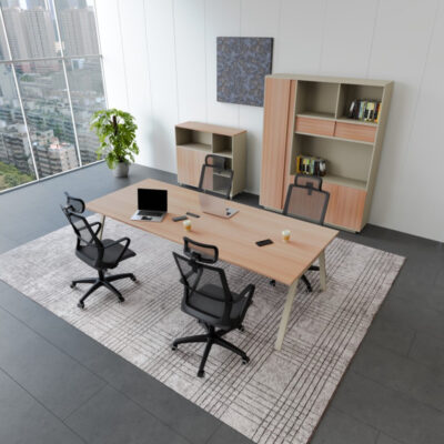 Office Meeting Table – Beige & Brown MDF Conference Table with Metal Legs