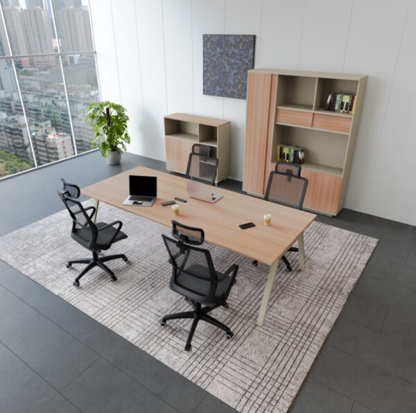Office Meeting Table – Beige & Brown MDF Conference Table with Metal Legs