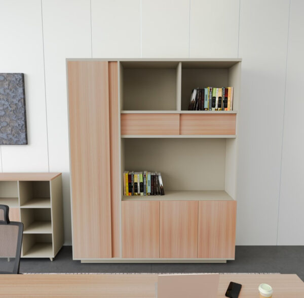 Executive Manager Beige & Brown  Office Cabinet, Finish with Open & Sliding Door Cupboards - Image 2