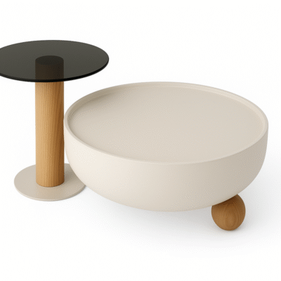 Round Beige Coffee Table & Corner Table with Tempered Glass Top