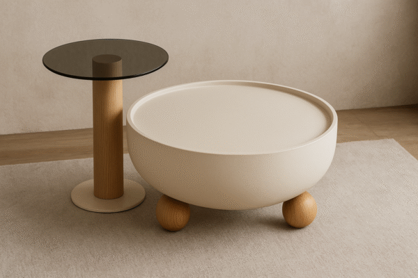 Round Beige Coffee Table & Corner Table with Tempered Glass Top - Image 3