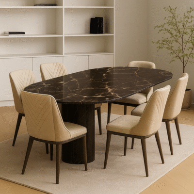 Luxury Oval Black Marble Top Dining Table with Wooden & Metal Legs