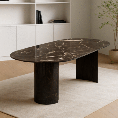 Modern Black Marble Dining Table with Wooden & Metal Legs – 6 Seater