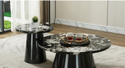 Elegant Black and White Marble Coffee Tables Set